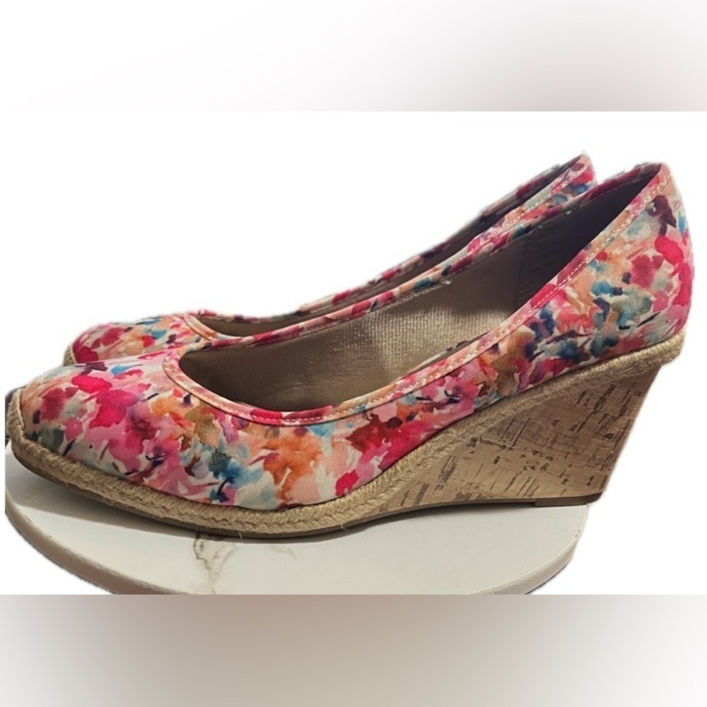 Life Stride Pink White Blue Floral Watercolor Cork Wedge Slip On High Heels 10M - Picture 7 of 13